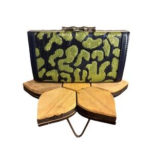Elaine Turner Green Navy Embellished Clutch Mini Bag With Mirror